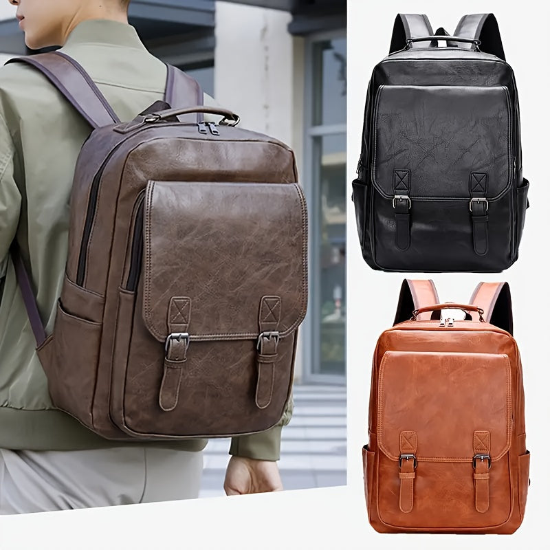 Men's fashion laptop backpack in black, with faux leather soft shell, TSA-compliant, waterproof, magnetic closure, holds 15.6-inch notebook.