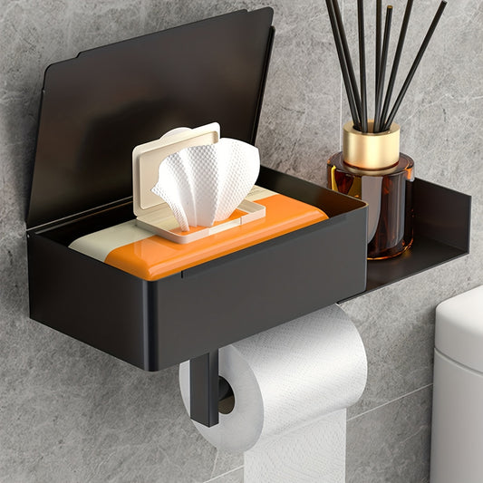 Toilet paper holder with shelf and wipes dispenser made of stainless steel for bathroom organization.