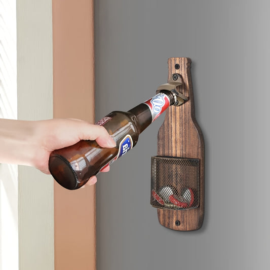 Wooden beer bottle opener for walls, perfect for home and restaurant decor.