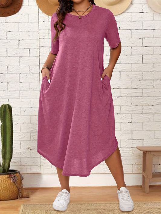 Solid color dress for plus size women, perfect for spring & summer; includes short sleeves and crew neck.