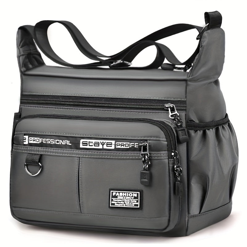 Durable men's shoulder bag with multiple pockets, suitable for business casual wear.