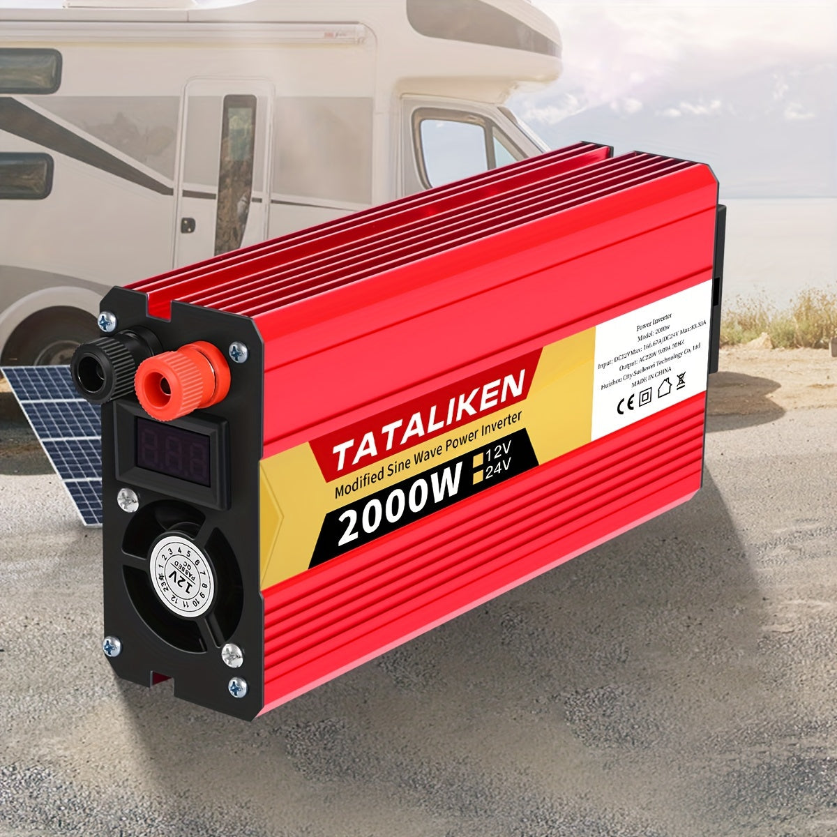 High-power 12V to 220V car inverter with 2500W-600W capacity, ideal for charging phones and tablets.