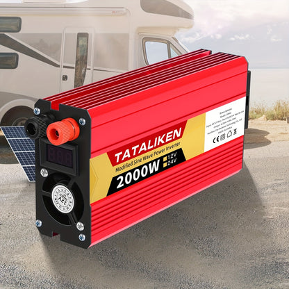 High-power 12V to 220V car inverter with 2500W-600W capacity, ideal for charging phones and tablets.