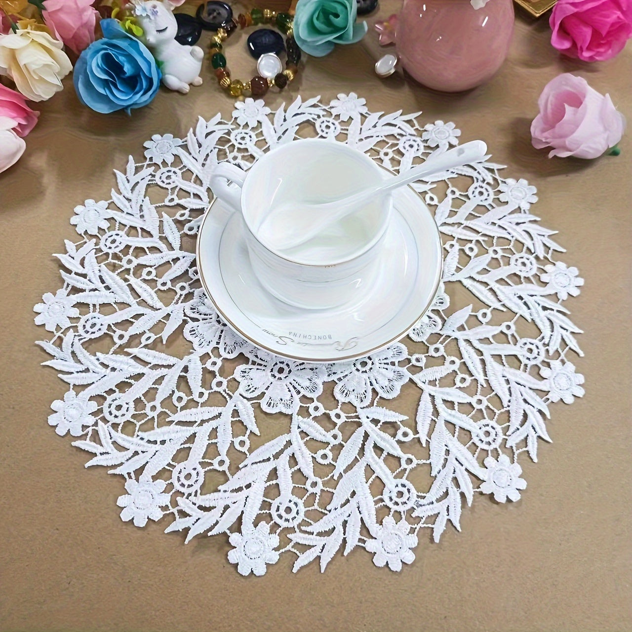 Elegant European lace coaster set for table protection.