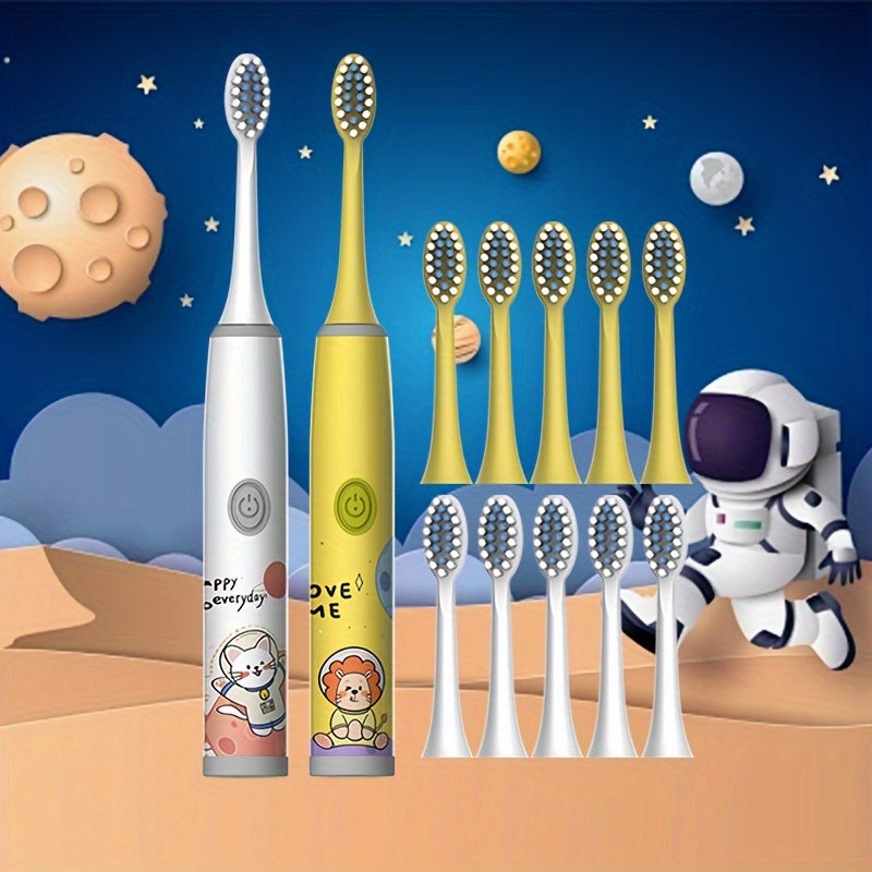 2 Electric Toothbrushes with 12 Brush Heads, Cartoon Space Series, Battery Powered for 3-13 year olds, Gentle Bristles, 2min Timer, Tooth Protection, Gift