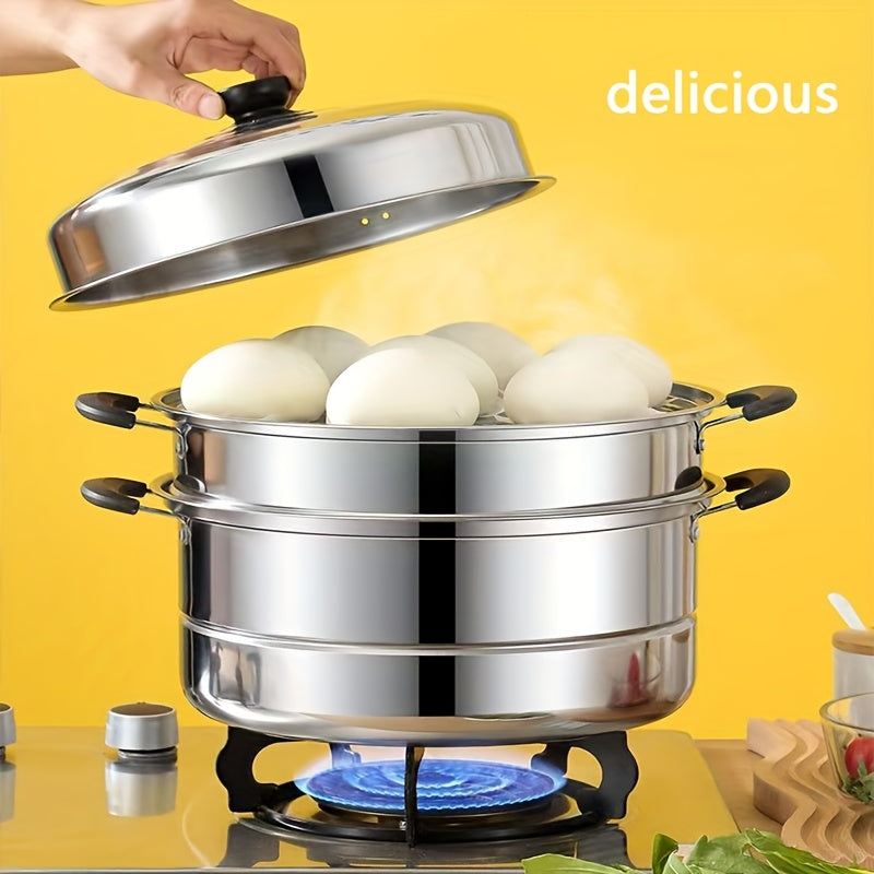 Stainless Steel Steamer Pot with Lid - Versatile Double-Layer Design, Suitable for Induction Cooktops - Perfect for Buns, Mantou, and Soup - Sturdy and Durable Construction, No Electricity Required