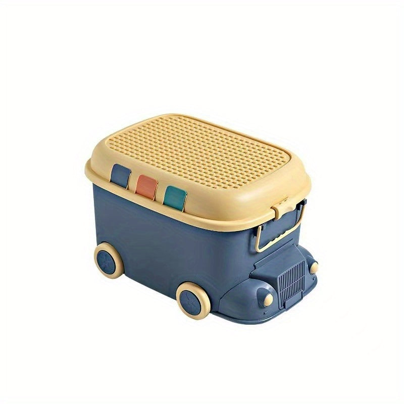 Blue plastic toy storage box with wheels for building blocks, snacks, small items, bedroom, living room, and home decor.