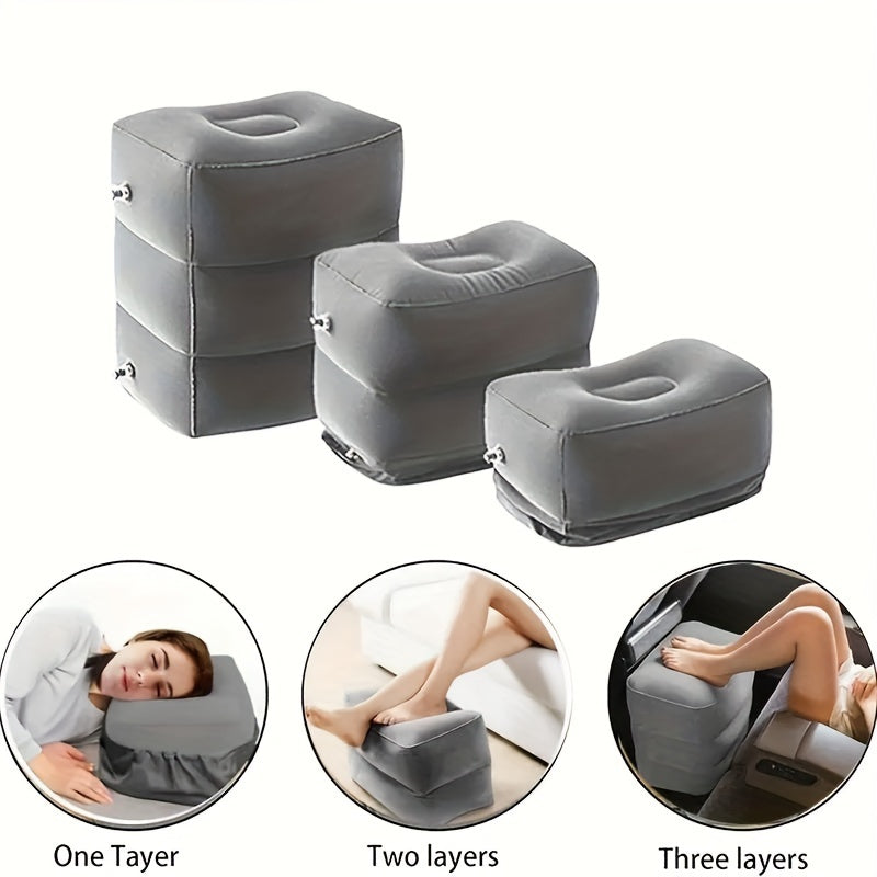 Inflatable Airplane Foot Rest Pillow designed for comfort - Adjustable Height, 3-Layer Support, Portable for Travel & Home Use, Made with Soft Non-Woven Material, Comes with Storage Bag, Perfect for on-the-go relaxation.