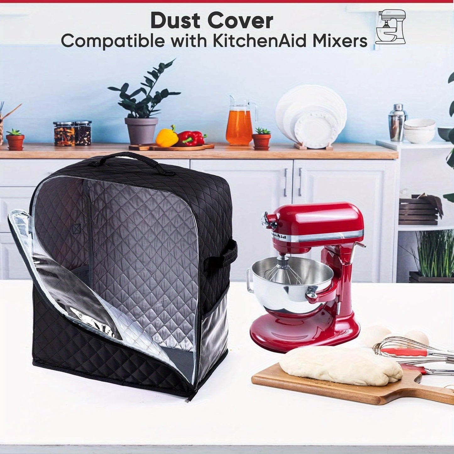 Elegant kitchen appliance brand Stand Mixer Dust Cover featuring a sleek design and slider base. Made with quilted nylon material, this storage bag is suitable for 4.5/5/6/8 Quart models. Includes pockets for accessories, appliance sliders, and