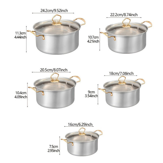 This set includes 10 stainless steel pots in various sizes (15.98cm, 17.98cm, 20.5cm, 22.2cm, and 24.18cm). Each pot comes with a matching lid, making it a total of 5 pots and 5 lids. The pots feature stainless steel double handles for easy handling and