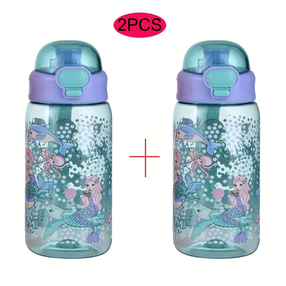 2 packs of 20oz thermal transfer cartoon pattern water cups with portable handles, perfect for home, outdoor activities, and gifts.