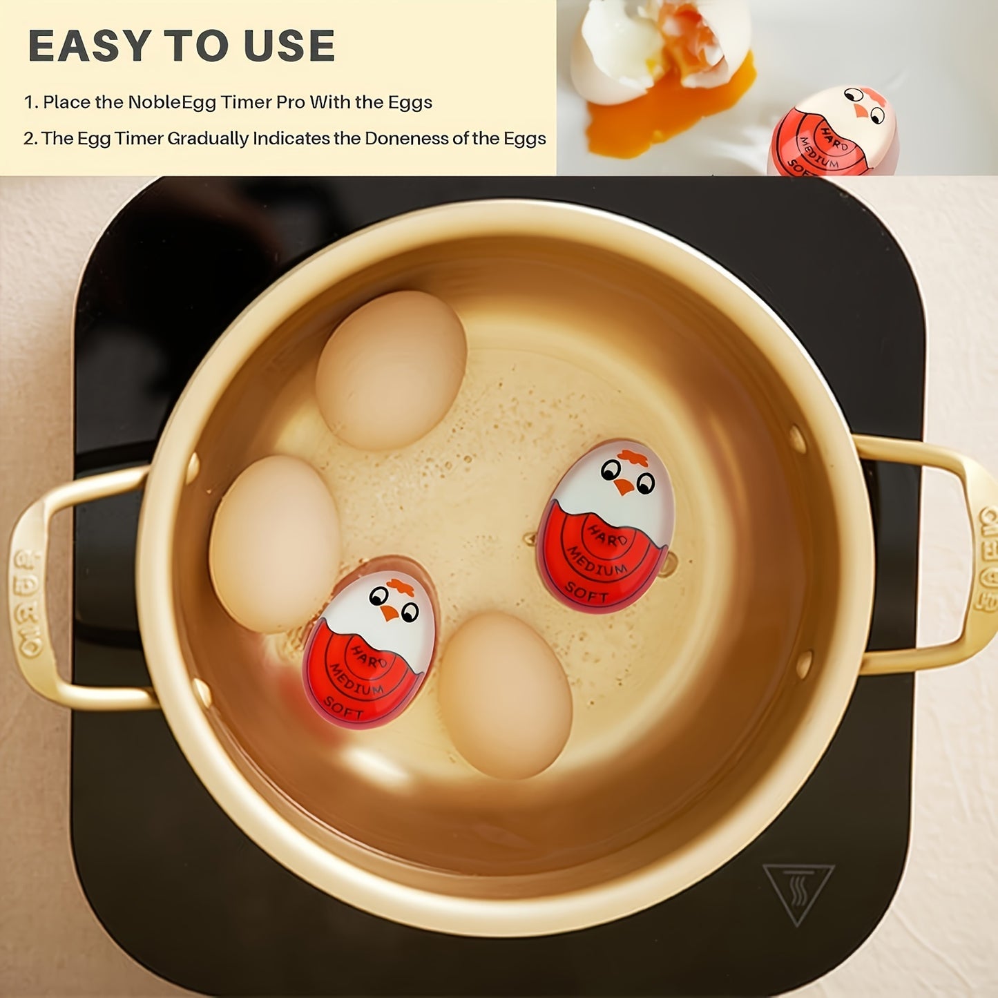 Yuhuphyllic color-changing egg timer - reusable kitchen tool for perfectly cooked eggs, ideal for breakfast and cooking. Playful design with durable plastic construction.