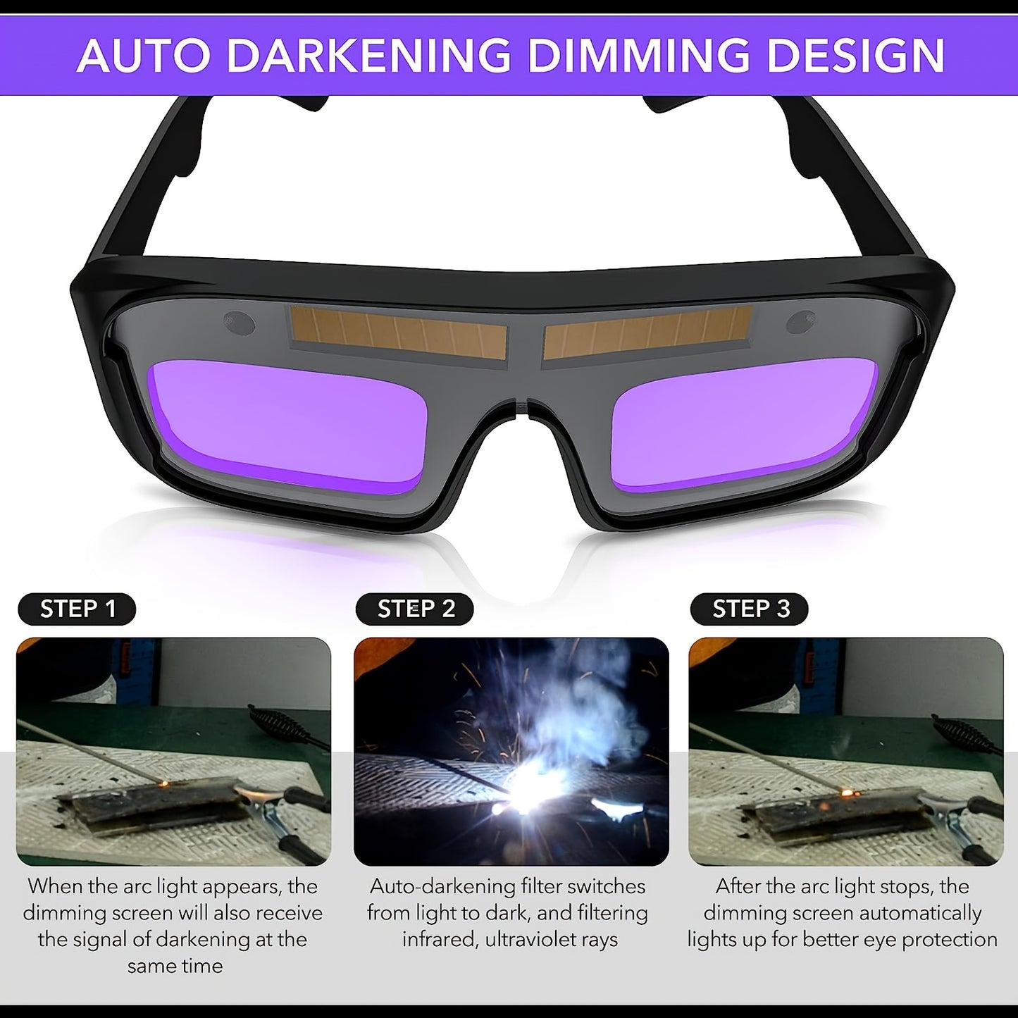 1 Set of Auto Darkening Welding Glasses with Protective Film, Solar Powered, suitable for TIG, MIG, ARC, Grinding, and Plasma welding. Features Anti-Eyes Shield, Storage Box, and Cleaning