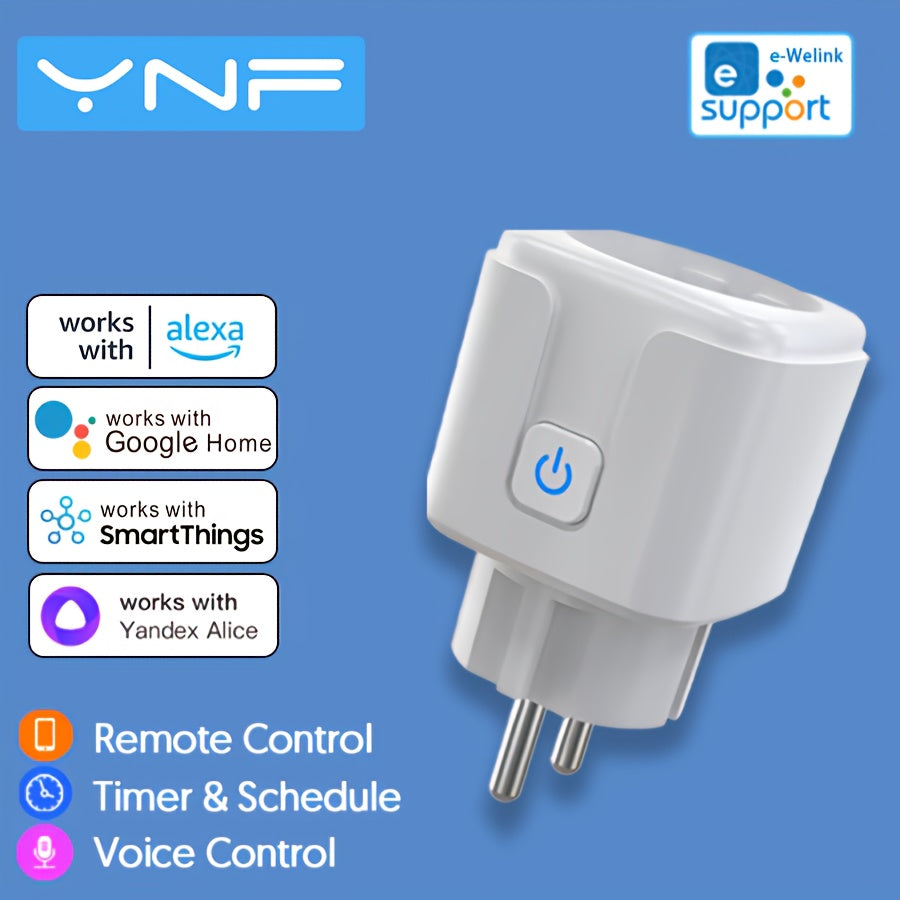 YNF Smart Wi-Fi Plug with Energy Monitoring, Alexa & Google Compatible, European Standard Plug, Voice & Remote Control, Timer & Schedule Functions, 220-240V Power Supply for Home Automation.