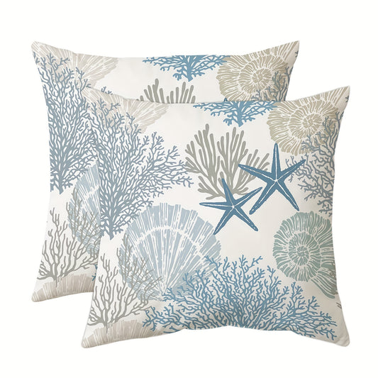 Two ocean themed throw pillow covers for beach or outdoor use, featuring seashells, coral, and starfish. Modern decor for living room or bedroom, measuring 45.72x45.72cm. Pillow core not included.