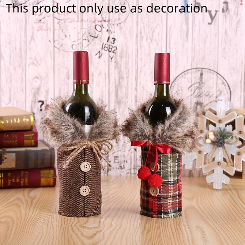 Festive Christmas wine bottle cover with plush fur collar, made of polyester, ideal for holiday parties and home decor.