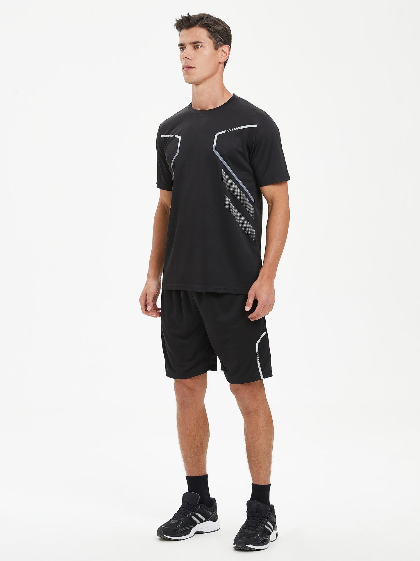 Men's summer running sportswear set includes quick-dry crew neck t-shirt and shorts for hiking, training, and weekend activities.