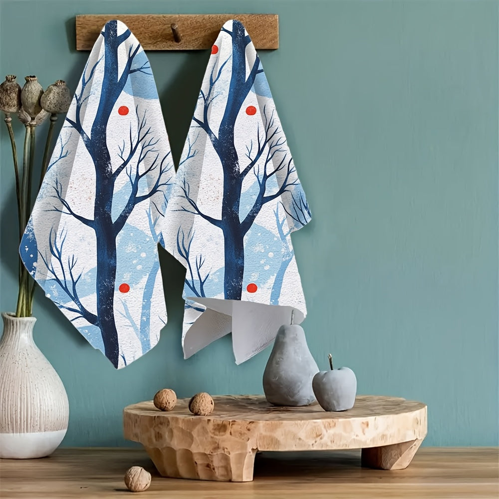 Set of 2 Ultra Soft Kitchen Towels with Winter Jungle Trees Design, Exceptionally Absorbent & Easy to Clean Dish Hand Towels, 40.64x60.96 cm - Ideal for Holiday Decoration and Drying Dishes