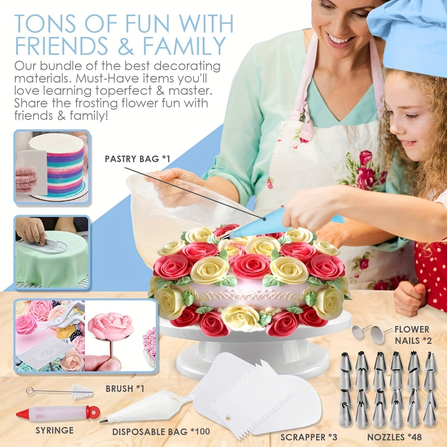 Cake lovers and beginners alike will love this baking supplies set, which includes 322 pieces of cake decorating supplies. This set comes with 1 cake stand, 48 numbered icing tips, Russian nozzles, smoother spatulas, muffin cups, and everything else you