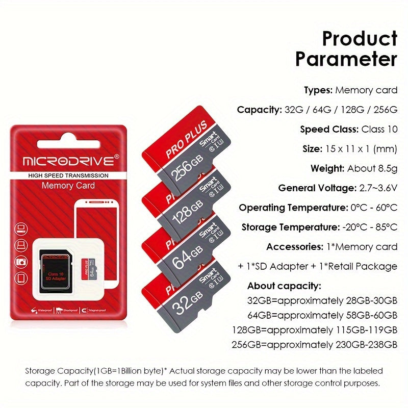 MicroDrive High-Speed U3 Class 10 Memory Card in Gray Red, available in various sizes with SD Adapter. Ideal for smartphones and tablets. Can also be used as a Micro SD Card Adapter. By