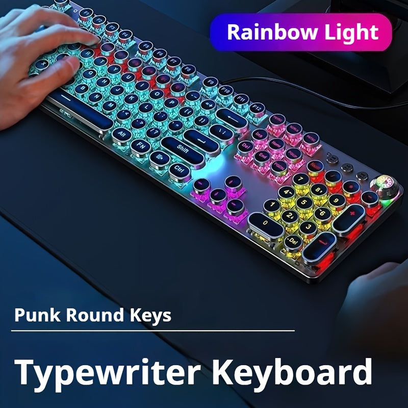 EWEADN Steampunk Mechanical Gaming Keyboard - Full Size with 104 Keys, Metal Panel, LED Backlit, USB Wired, Multimedia Knob, Black Switches, Ideal for Gamers and Office Use.