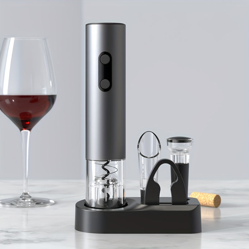 Electric wine opener set includes automatic opener, corkscrew, vacuum stopper, and 5 essential tools. Dimensions: 8.31cm X 7.29cm X 23.19cm.