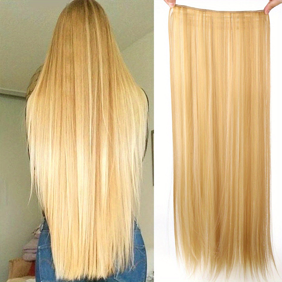 Long synthetic clip-in hair extensions for full head volume and length, easy to wear.