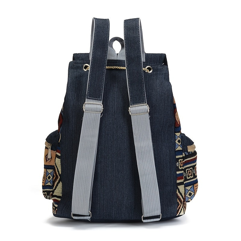 Boho Chic Women's Denim Backpack with Geometric Tribal Pattern, Adjustable Straps, Large Capacity, Multiple Compartments, Zippered Pockets, Blue & Brown Design.