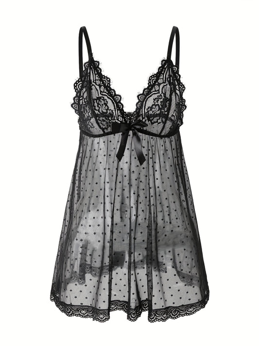 Women's lace nightgown with polka dot mesh slip and lace detail, cute babydoll sleepwear dress with bow, made of 95% polyester and 5% elastane knit fabric, no chest pad, lightweight adult nightwear - 40 g/m².