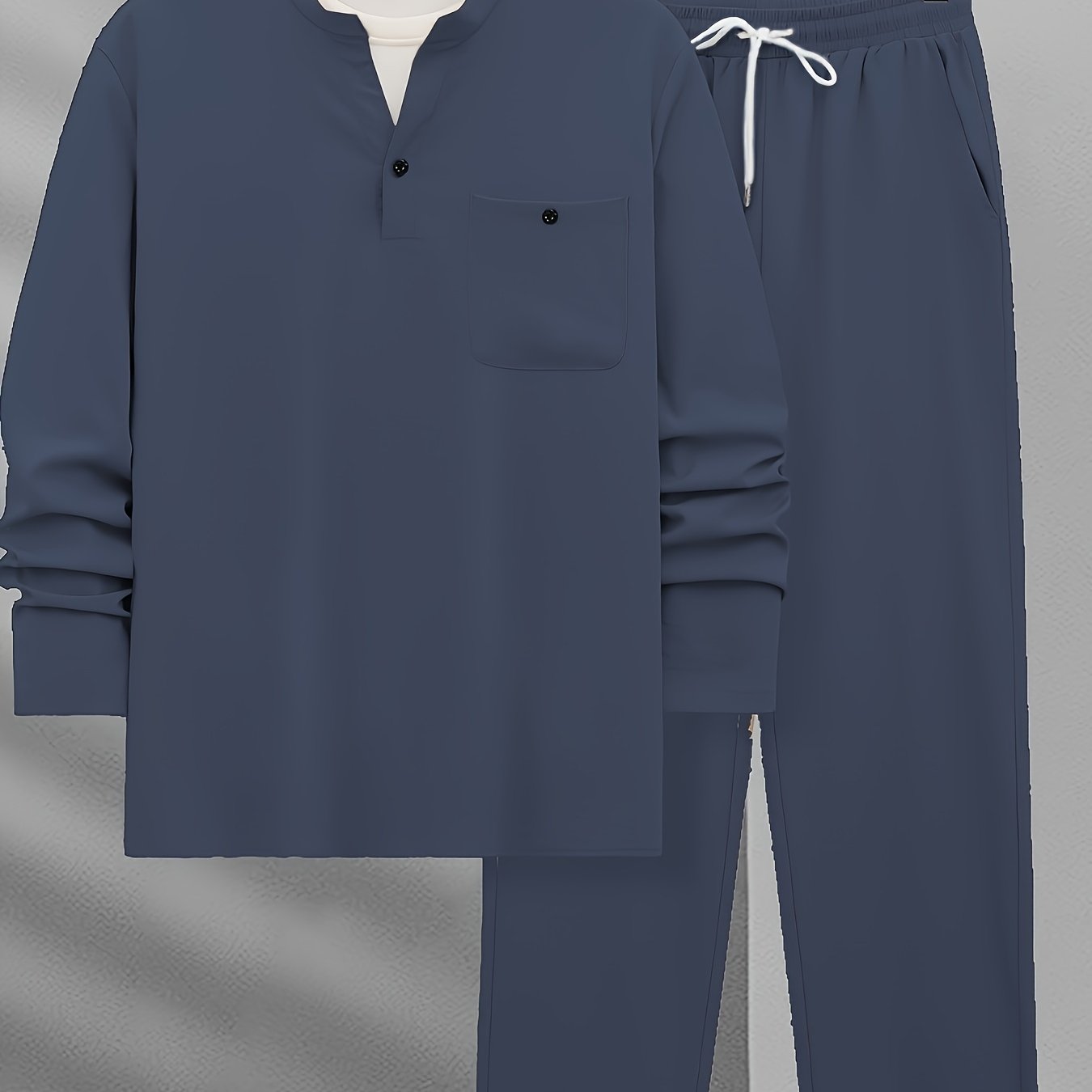 Men's Casual Polyester Sweatsuits with Collared Neck, Solid Color, Slight Stretch Fabric, Pocket Detail - Spring/Fall Woven Lash Sets with Regular Fit Long Sleeve Shirt and Drawstring Pants