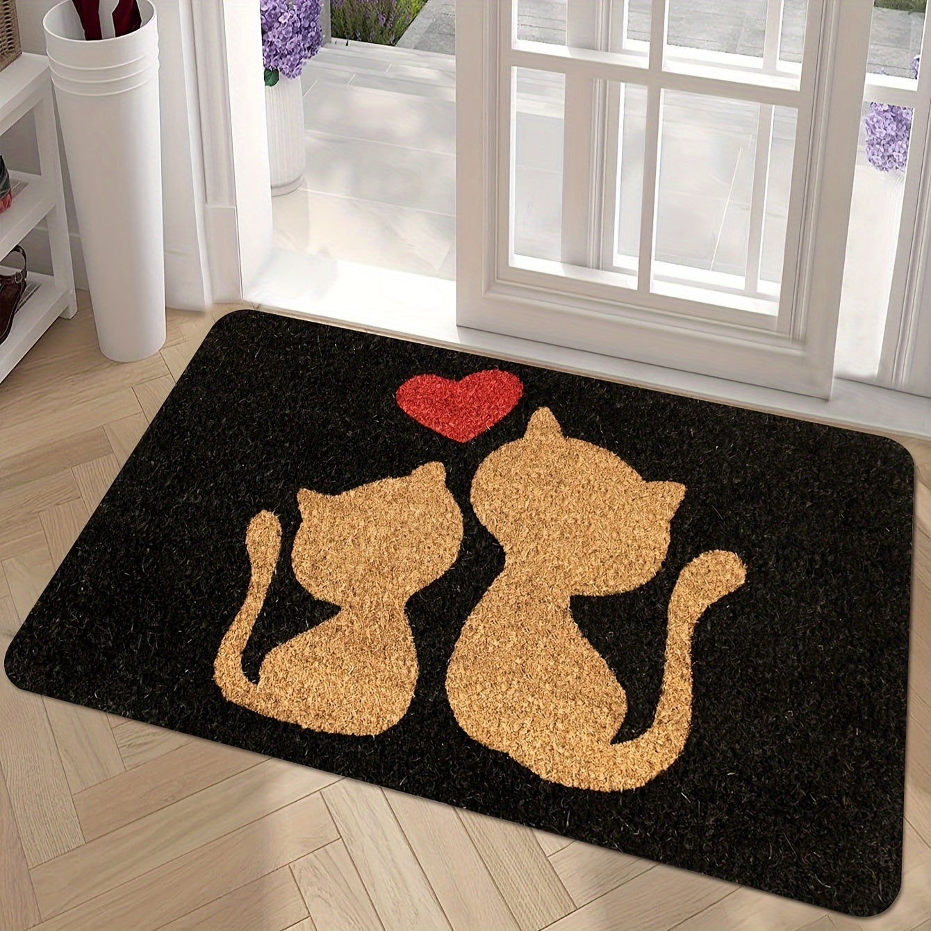 Whisker Wonders Cat Silhouette Doormat - Polyester Mat with Non-Slip Backing, Machine Washable, Indoor/Outdoor Rug with Heart Design for Front Door Entryway