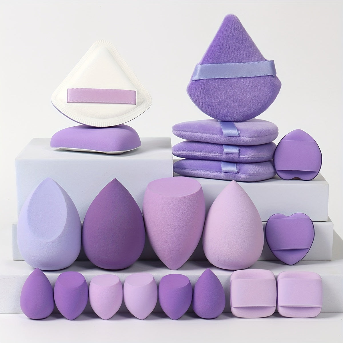 A 20-piece candy set includes various beauty sponges for blending makeup and covering imperfections. Latex-free and suitable for all skin types.