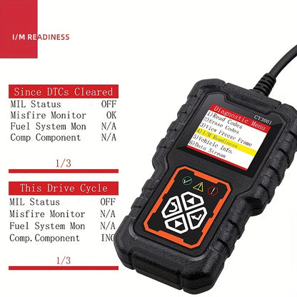 3001 Advanced OBD2 Scanner - USB-Powered with O2 Sensor Support, Lifetime Free Update, for All Vehicles 1996 & Newer, Diagnostic Menu with Code Readiness Indicator.