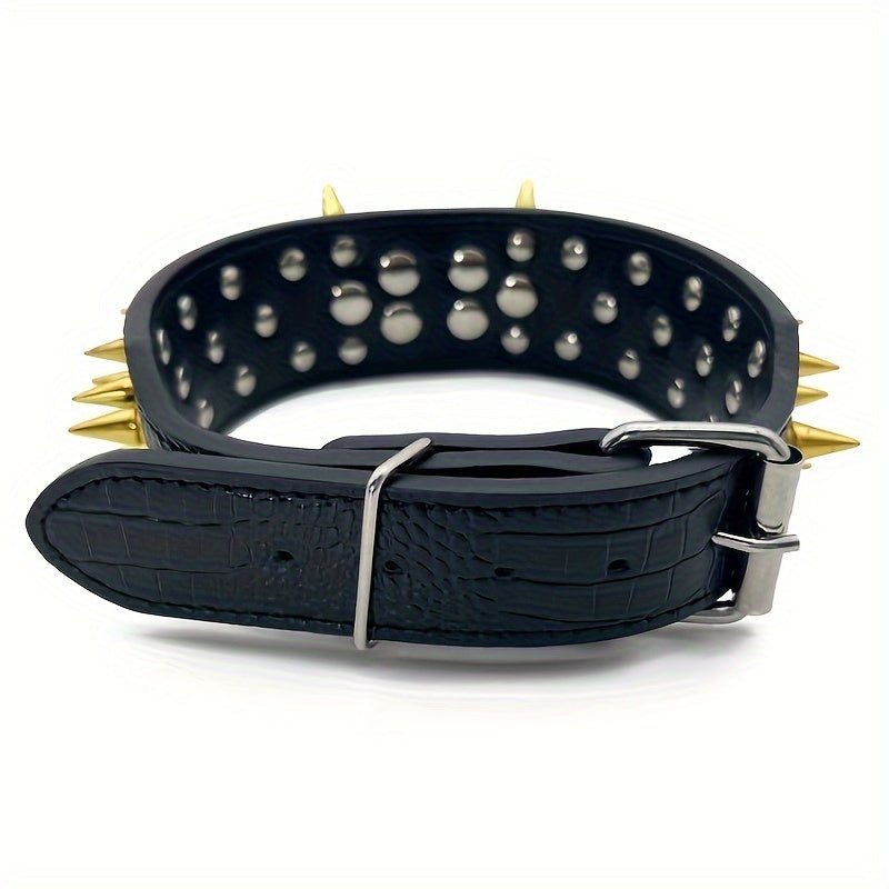 Fashionable leather dog collar with golden sharp spikes, suitable for medium and large dogs.