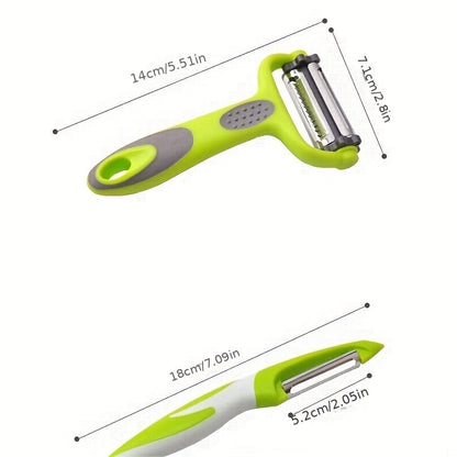 Set of 3 kitchen tools including fruit peeler, vegetable peeler, and grater. Can also be used as a shredder and multifunctional vegetable cutter. Great for cutting and peeling fruits and vegetables in the kitchen. Essential for dorm living.