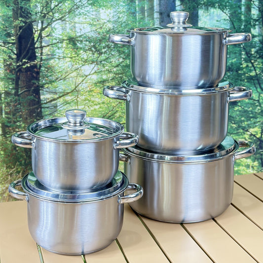 Set of 10 Stainless Steel Cookware Pieces, 3.5kg Premium Quality, Extra-Tall & Deep Design, Includes 5 Pots and 5 Lids, Works on All Stove Types, Double-Handled with Lids, Perfect for Home and Restaurant Cooking, Ideal for Soups, Hot Pot, Noodles, Pasta