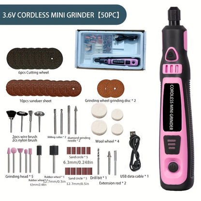 Cordless mini electric grinder set in pink with 3-speed rotary tool kit, rechargeable lithium battery. Portable machine for polishing, carving, engraving, and drilling on jade, wax, and