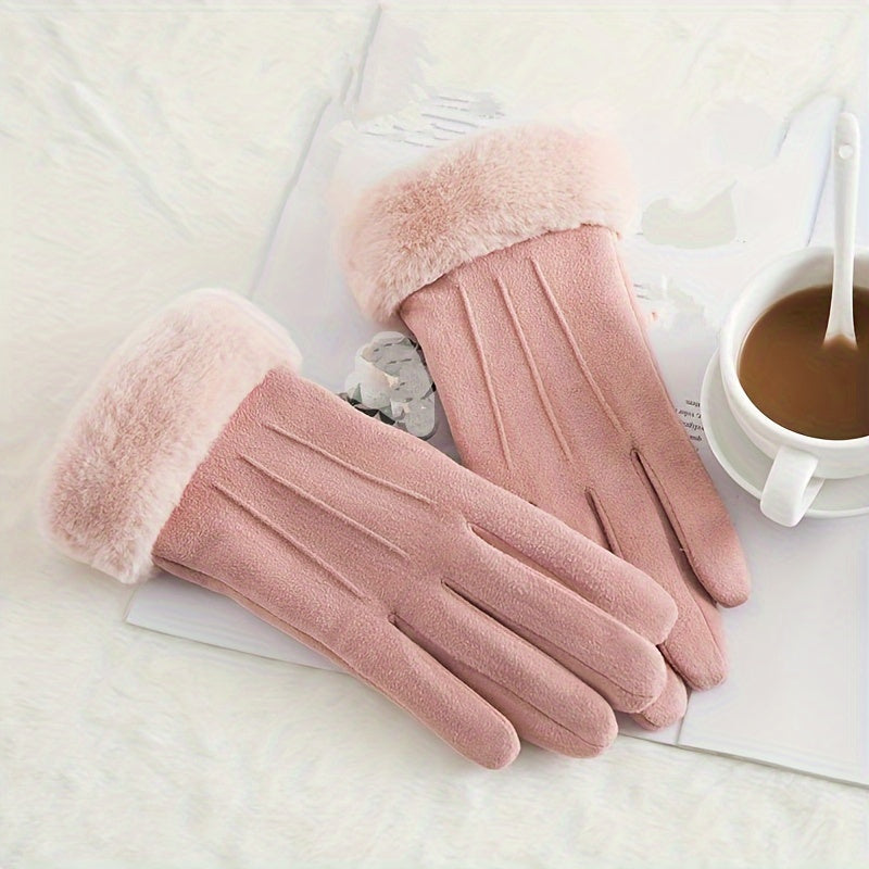 Soft Plush Cuff Suede Gloves in Solid Color with Added Velvet for Extra Warmth - Women's Autumn and Winter Gloves for Wind and Cold Protection