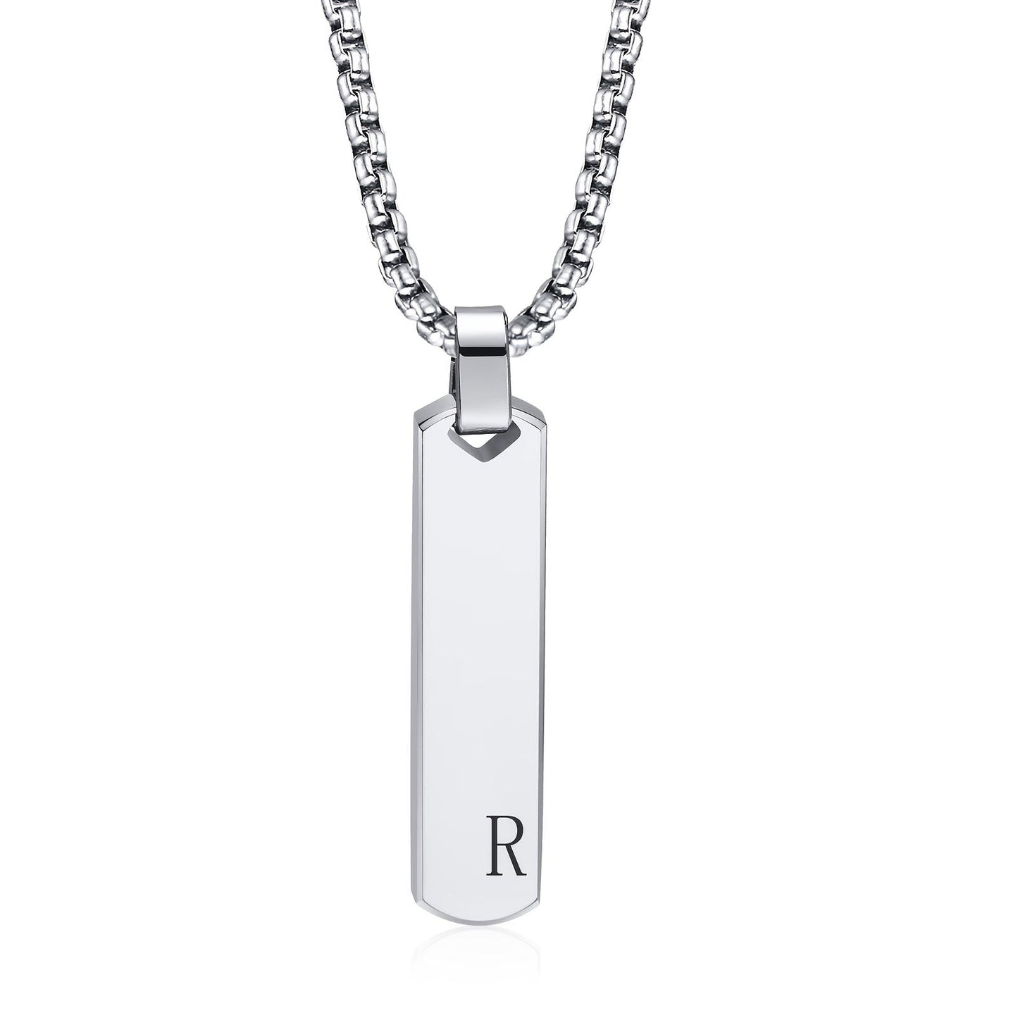 Letter necklace pendant made of stainless steel with laser engraving featuring all 26 letters, the pendant has a high polished three-dimensional rectangular design, and is a trendy fashion accessory for men crafted from titanium steel.