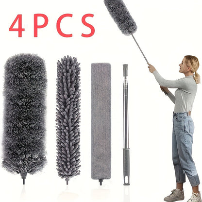 Ultra Fine Fiber Dust Collector Cleaning Kit - Set of 4 Pieces, Extendable Rod for Ceiling Fans, High Ceilings, Louvers, Furniture, Air Conditioning, and Car Surfaces. Retractable and Flexible Design in Gray - Perfect for Light Dust Collection.