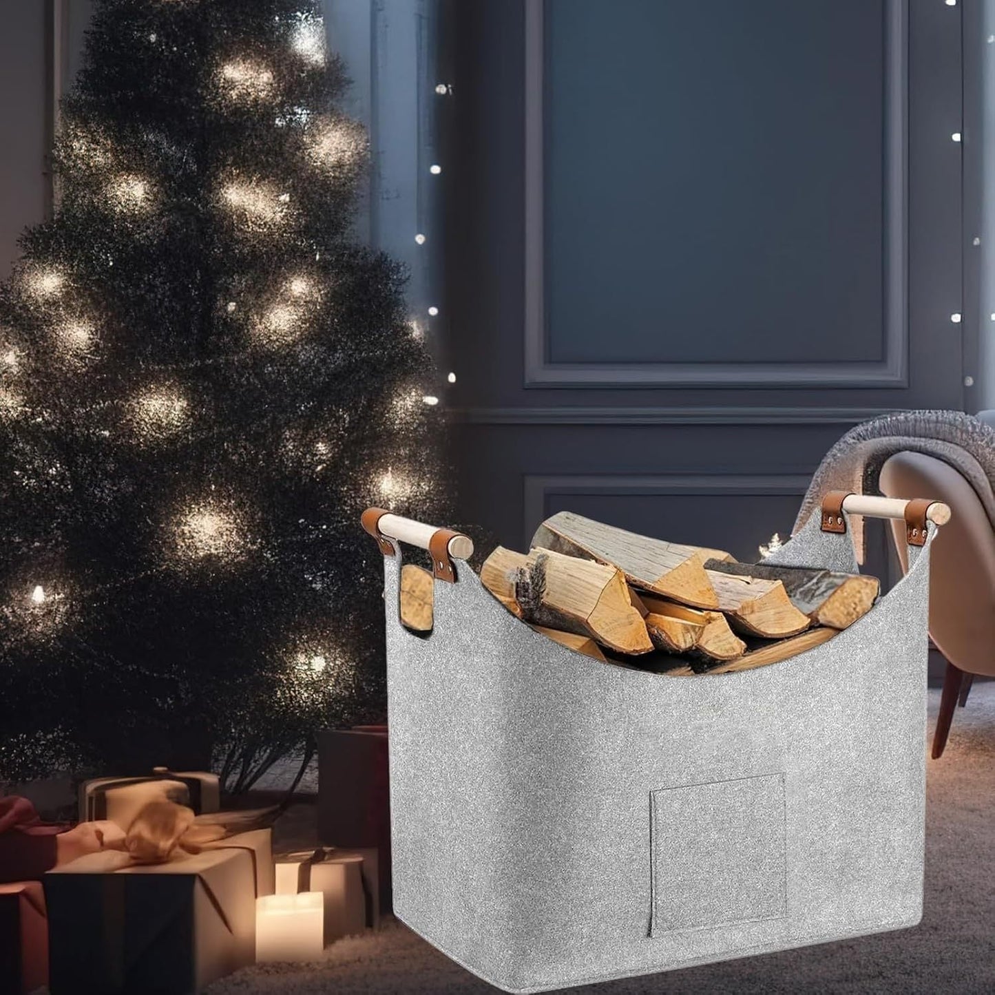 Durable PET material Large Grey Firewood Basket with Handles, Extra Thick Felt Wood Storage, Wall-Mounted Firewood Holder for Fireplace, 36kg/46L Capacity, Dimensions 45x40x32cm