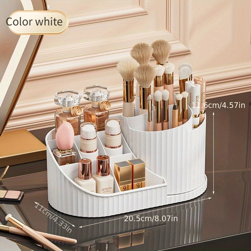 Compact rotating makeup organizer available in white, pink, and cream. Durable plastic with space-saving design for brushes, lipsticks, skincare, and stationery. Elegant and compact