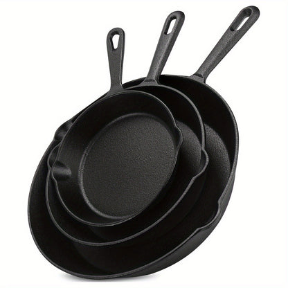 Set of 3 Cast Iron Skillets, Non-Stick Coating, Multi-Purpose Cookware, Features Convenient Pouring Spout, Ideal for Home, Dining establishments, and Hospitality Industry, Suitable for Gas, Electric, Induction, and Oven Cooking.