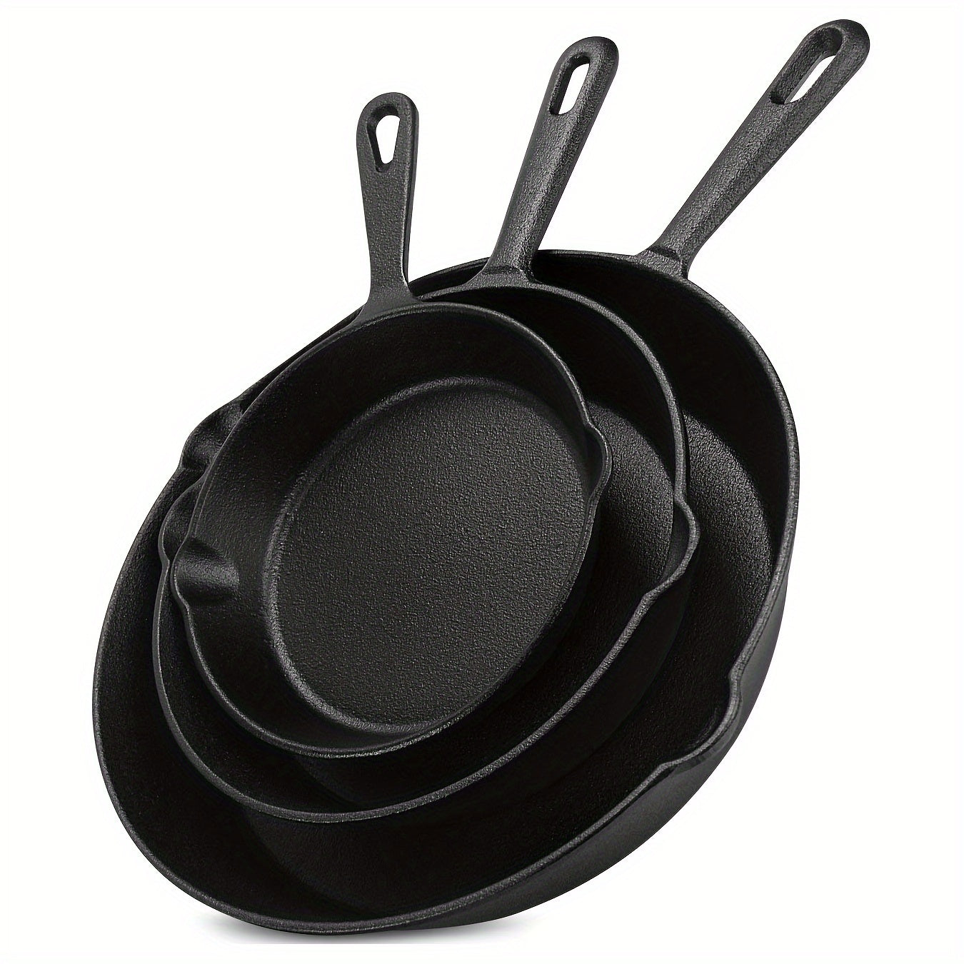 Set of 3 pre-seasoned cast iron skillets with easy pour spouts. Compatible with various cooking methods.