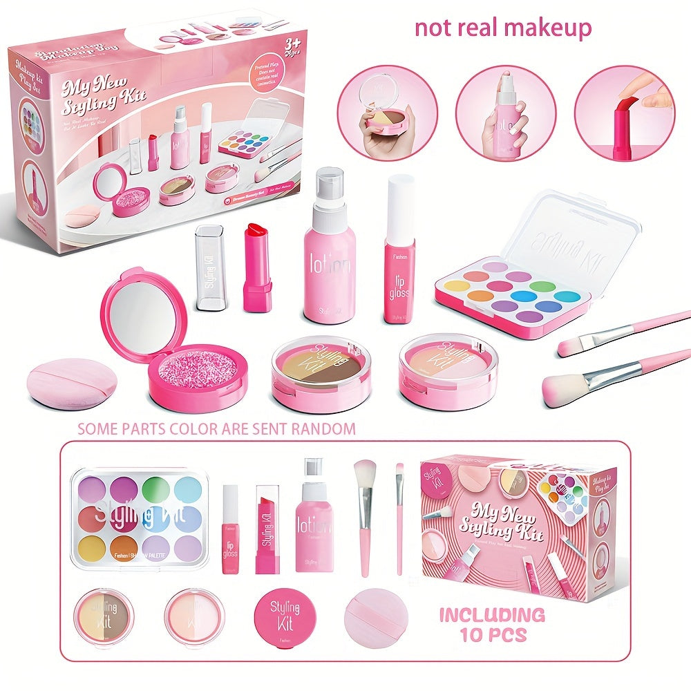 Children's pretend makeup set with 10pcs including mirror, eye shadow palette, lipstick, and powder compact. Perfect for birthday parties and makeovers. Ideal gift for little girls