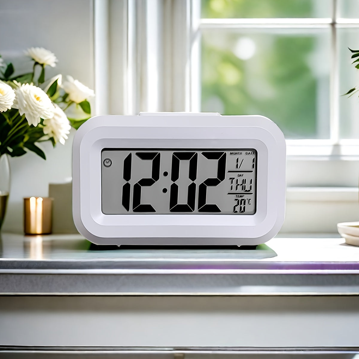 Compact pink mini LED desk clock with backlight, temperature, and calendar. Multifunctional kitchen timer for students. Sleek rectangular design with digital display. Battery-powered (AAA). Minimalist aesthetic.