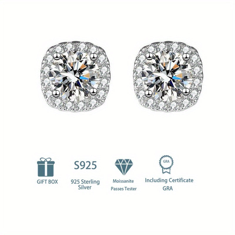 Luxurious and Delicate Bohemian Style Sterling 925 Silver Stud Earrings with Sparkling Square Moissanite Design - Perfect Female Gift