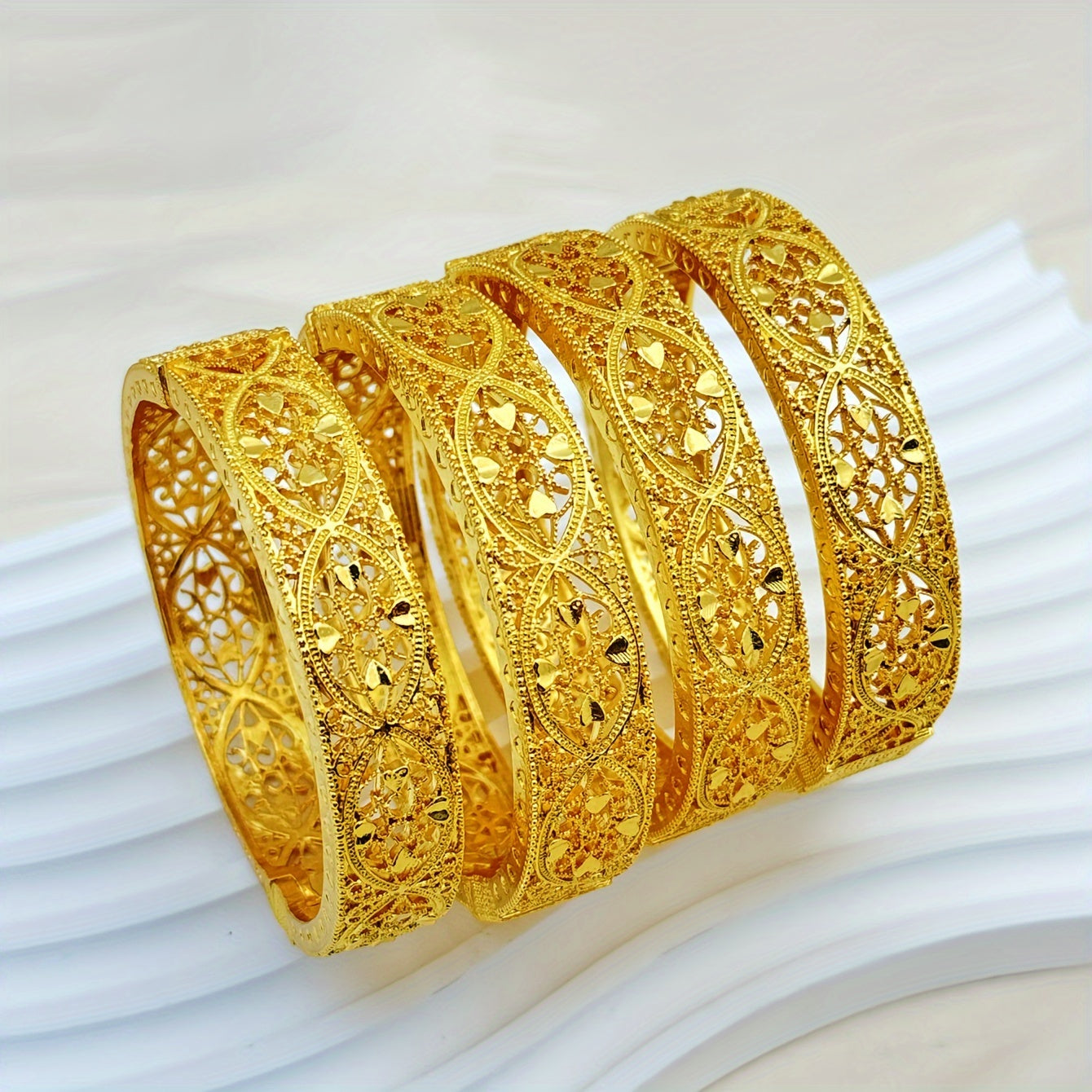 Set of 4 Luxurious Bracelets with 24K Gold Plating - Featuring Bohemian & Ethnic Heart Patterns, Perfect for Everyday or Special Occasions, Inspired by Middle Eastern Arabic Style, Makes a Romantic and Charming Gift