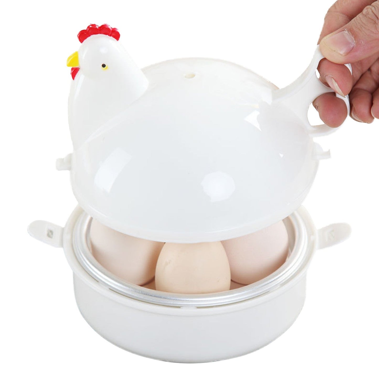 White Aluminum Alloy and PP Material Microwave Egg Steamer with Cute Chicken Shape, Four Grids, and Home Use for Boiling Eggs, Steaming Eggs, Steaming Buns, etc. Ideal for Cookware Use.