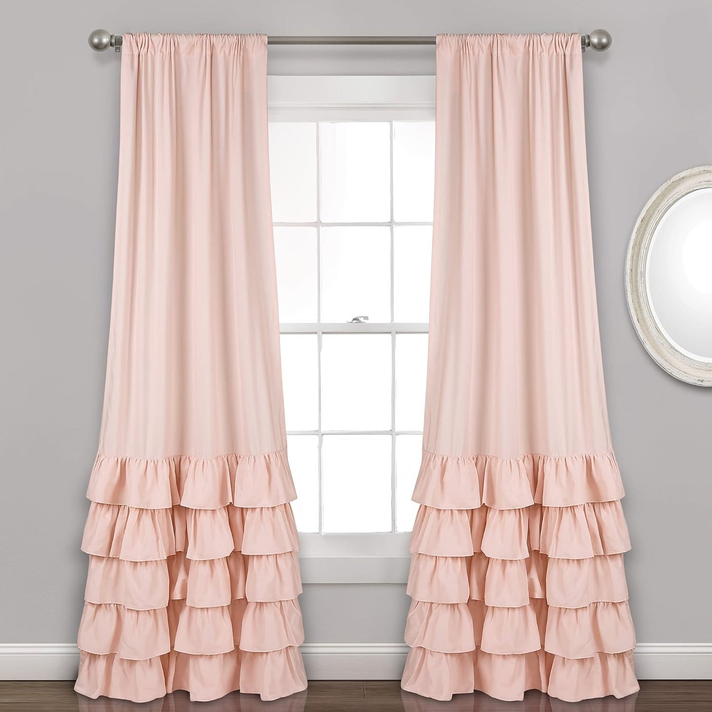 Two heavy-duty pleated lace window curtains for living room decoration. Each curtain measures 132.08cm wide by 213.36cm tall.